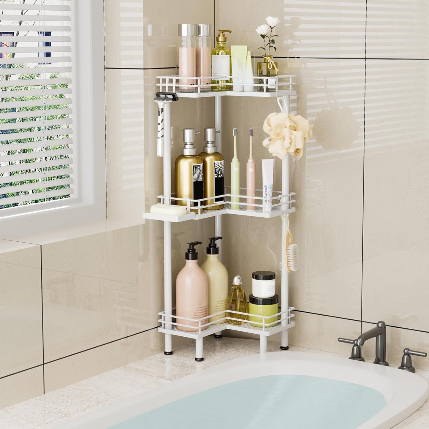 Consumest Corner Shower Caddy Standing - 3-Tier Stainless Steel Shower Organizer with Soap Holder and 4 Hooks, Large Capacity Corner Shelf Stand for Bathroom, Rest Room, White