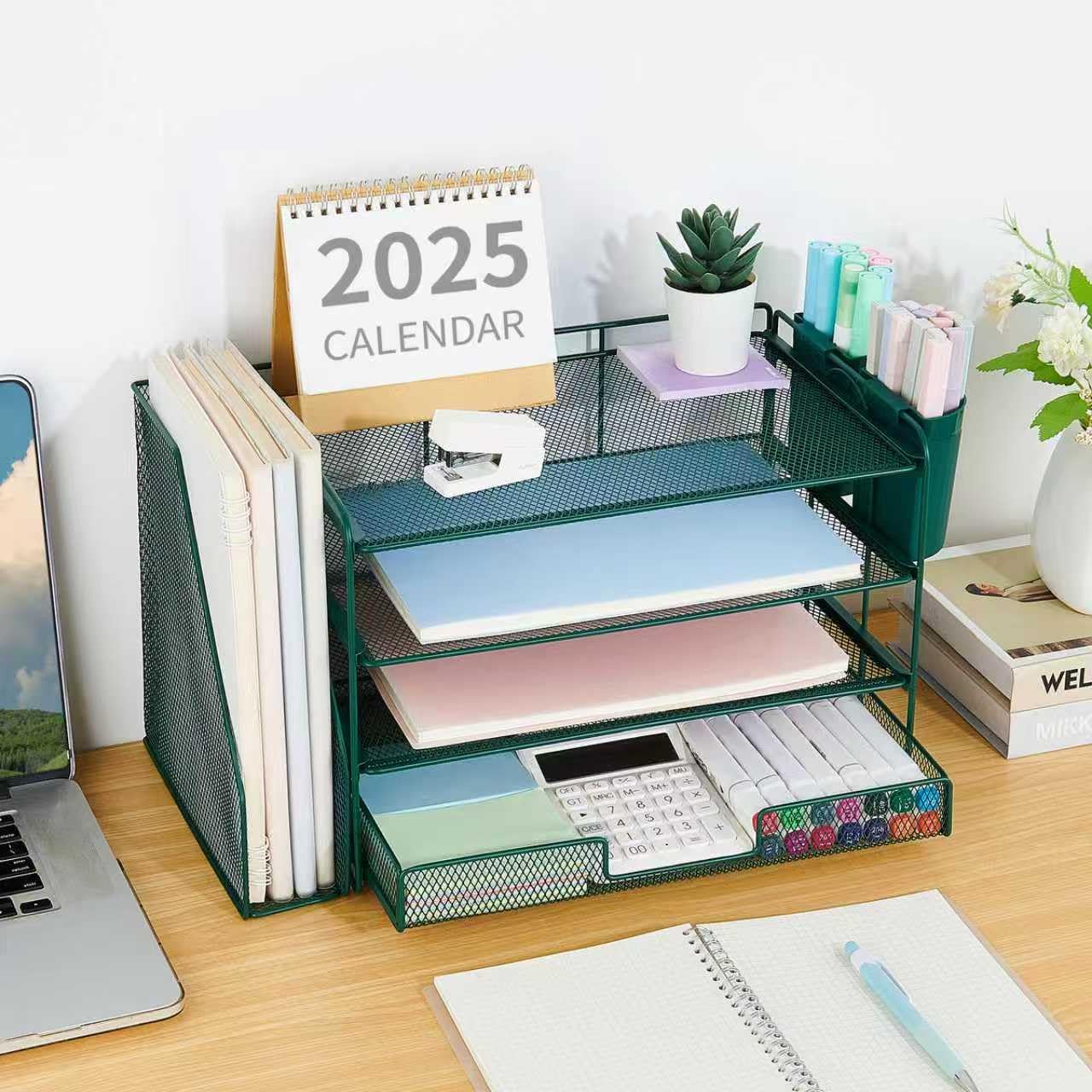 Desk Organizer and Accessories, 4-Tier Desktop File Organizer with Drawer and 2 Pen Holders, Office Desk Accessories, File Sorters, Workspace Organizers for Office Supplies(Dark Green)