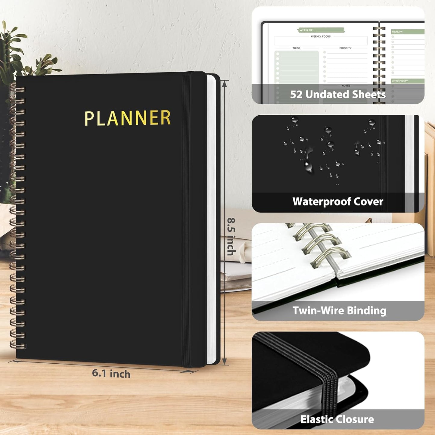 Undated Weekly Planner, Weekly To Do List Notebook with Goal, Organizer & Habit Tracker, A5 Daily Planner with Spiral Binding, Ideal for Office School Suppies - Black