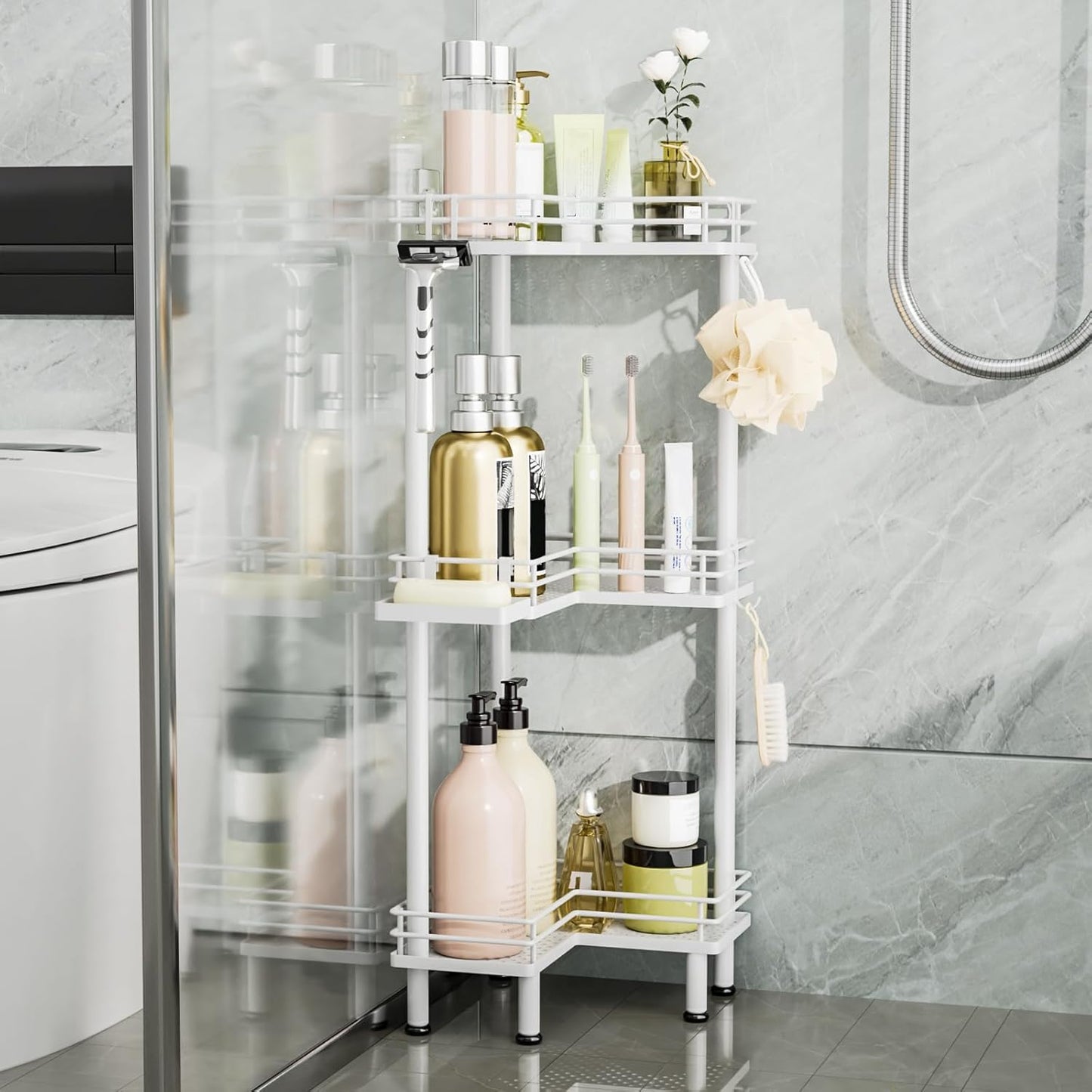 Consumest Corner Shower Caddy Standing - 3-Tier Stainless Steel Shower Organizer with Soap Holder and 4 Hooks, Large Capacity Corner Shelf Stand for Bathroom, Rest Room, White