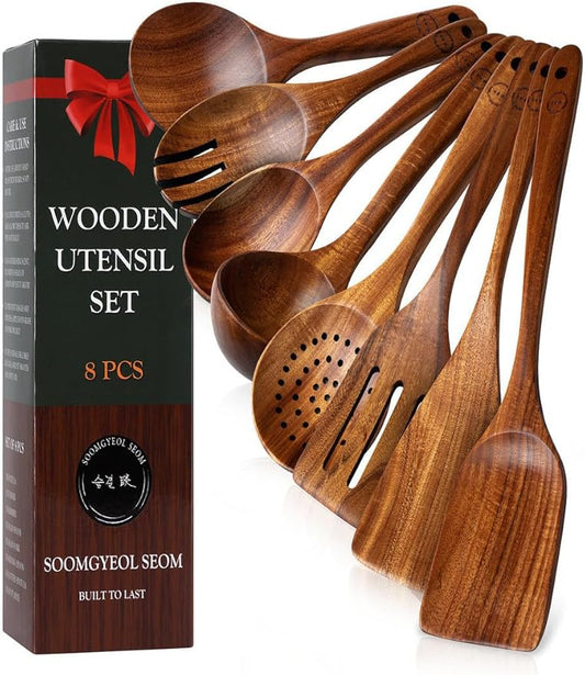100% Natural Teak Wood Wooden Utensil Set – 8 Pcs Durable Kitchen Spoons for Cooking – Non-Stick & Heat Resistant, Eco-Friendly & Comfortable Grip