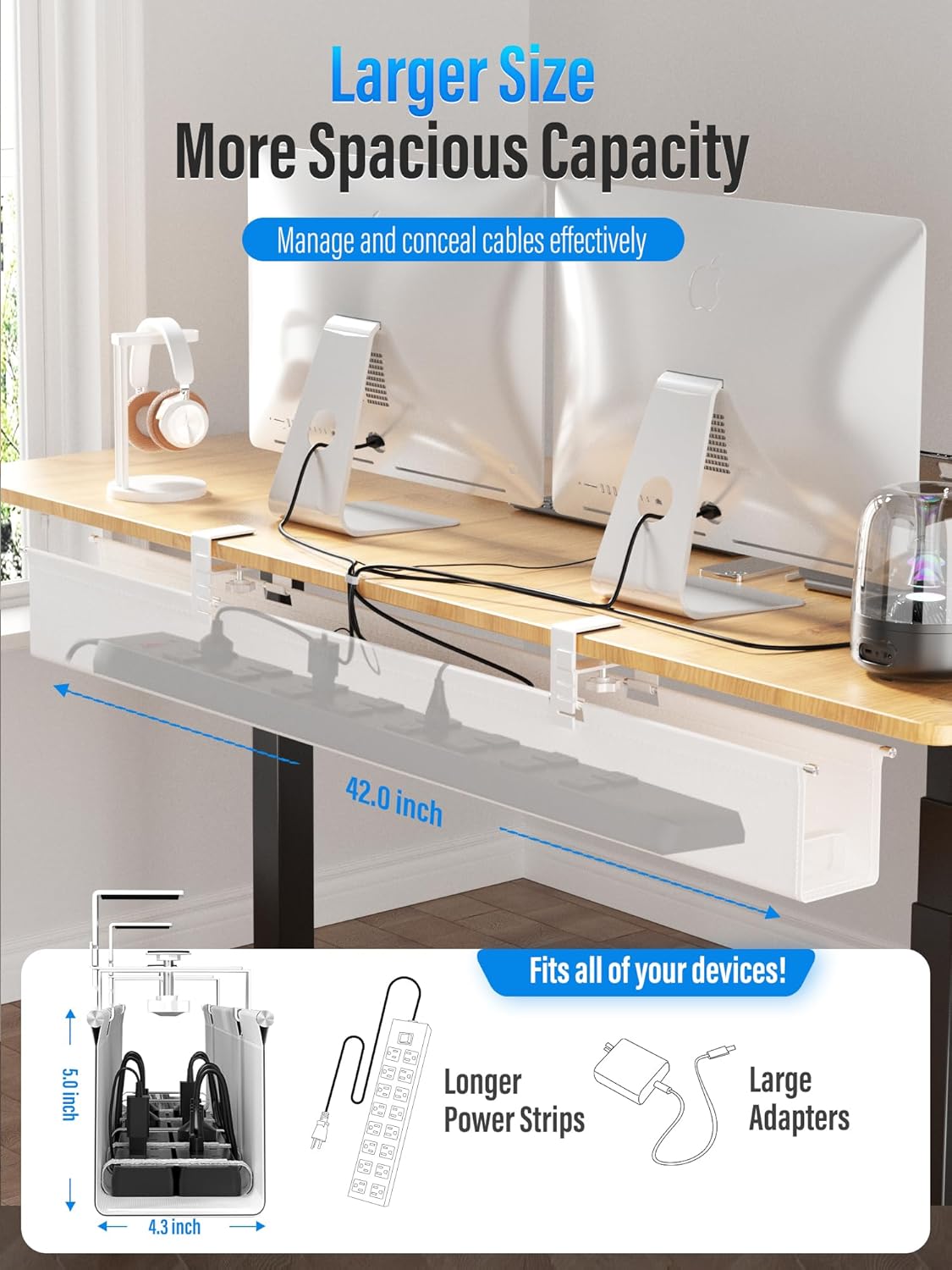 [Upgraded] Large Under Desk Cable Management Tray, Cinati Cable Management Under Desk No Drill, 42" Fabric Cord Hider for Wire Organizer, Cord Organizer for Office, Home - Supports Up to 30lbs White