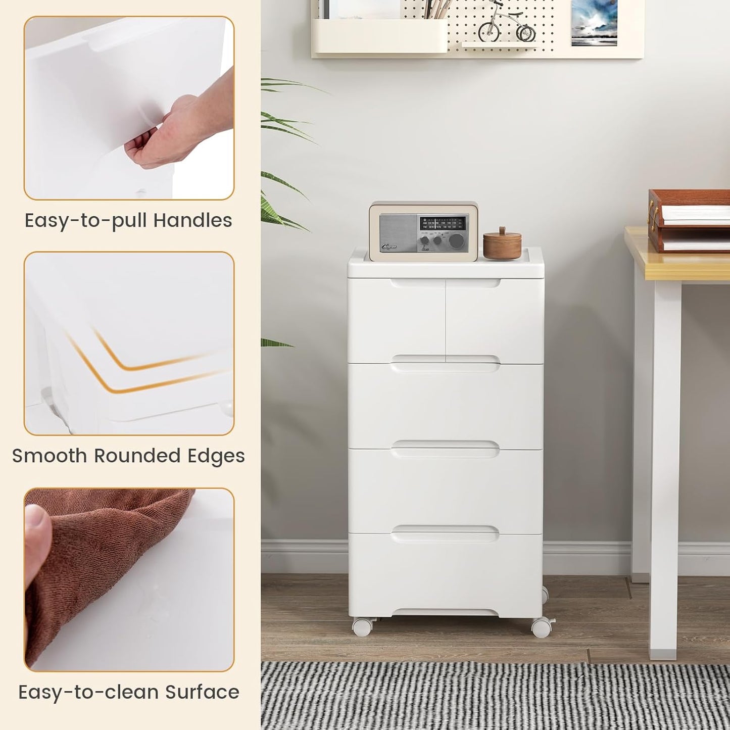 LOKO 5-Drawer Plastic Rolling Storage Cart, Mobile Storage Cabinet with 4 Universal Wheels, Vertical Storage Tower Container Unit for Living Room, Bedroom, Home Office, White (16”x13”x31” (5 Drawers))