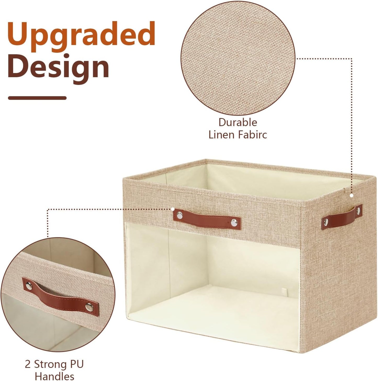 Extra Large Storage Baskets with Clear Window, See Through Closet Organizer with PU Handles, Linen Foldable Storage Bins for Organizing Clothes, Toys, Books (Khaki)