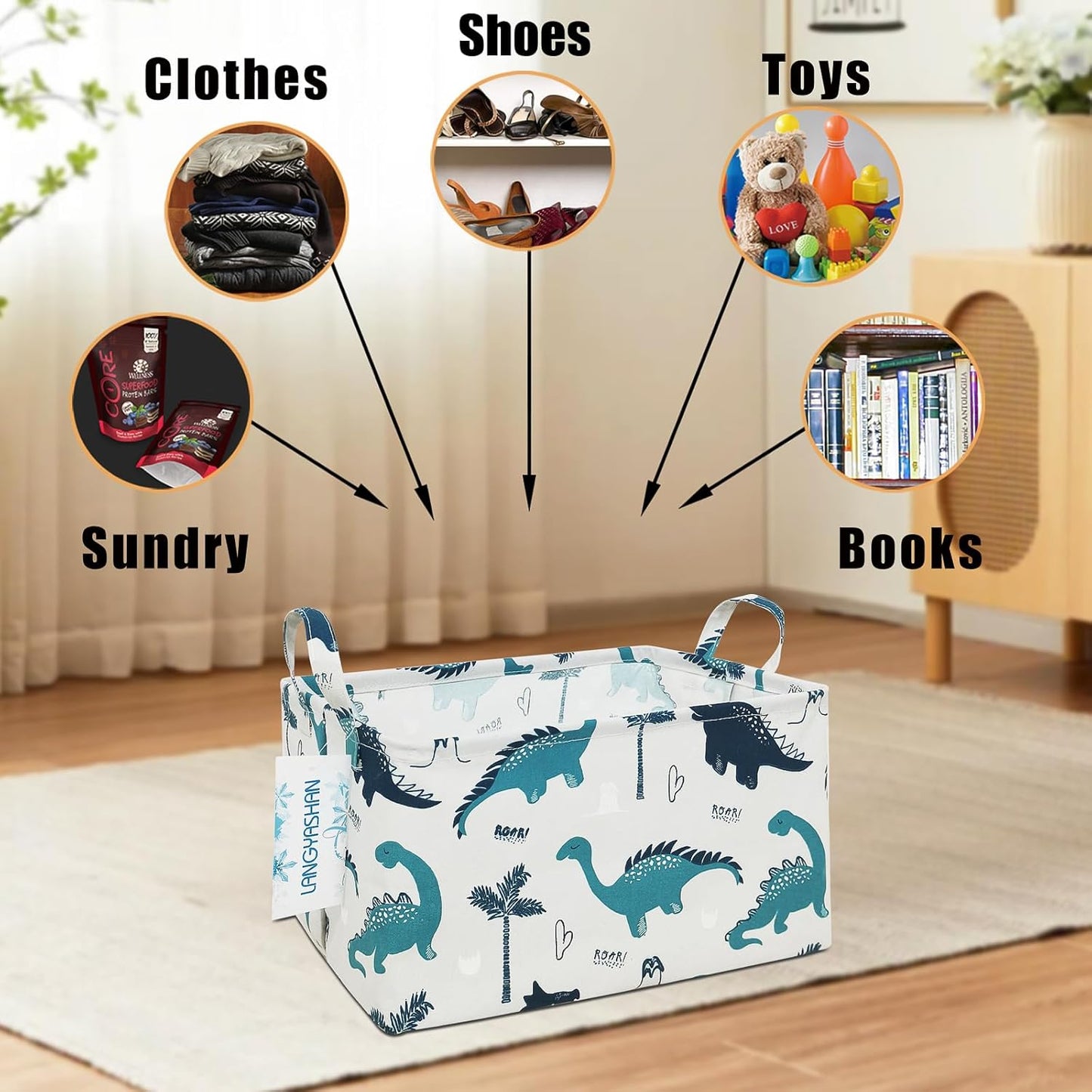 LANGYASHAN Rectangular Storage Bin Collapse Canvas Fabric Cartoon Storage Basket with Handles for Organizing Home Kitchen Boys and Girls Toys Office Closet Shelf Baskets (Rec green dinosaur)