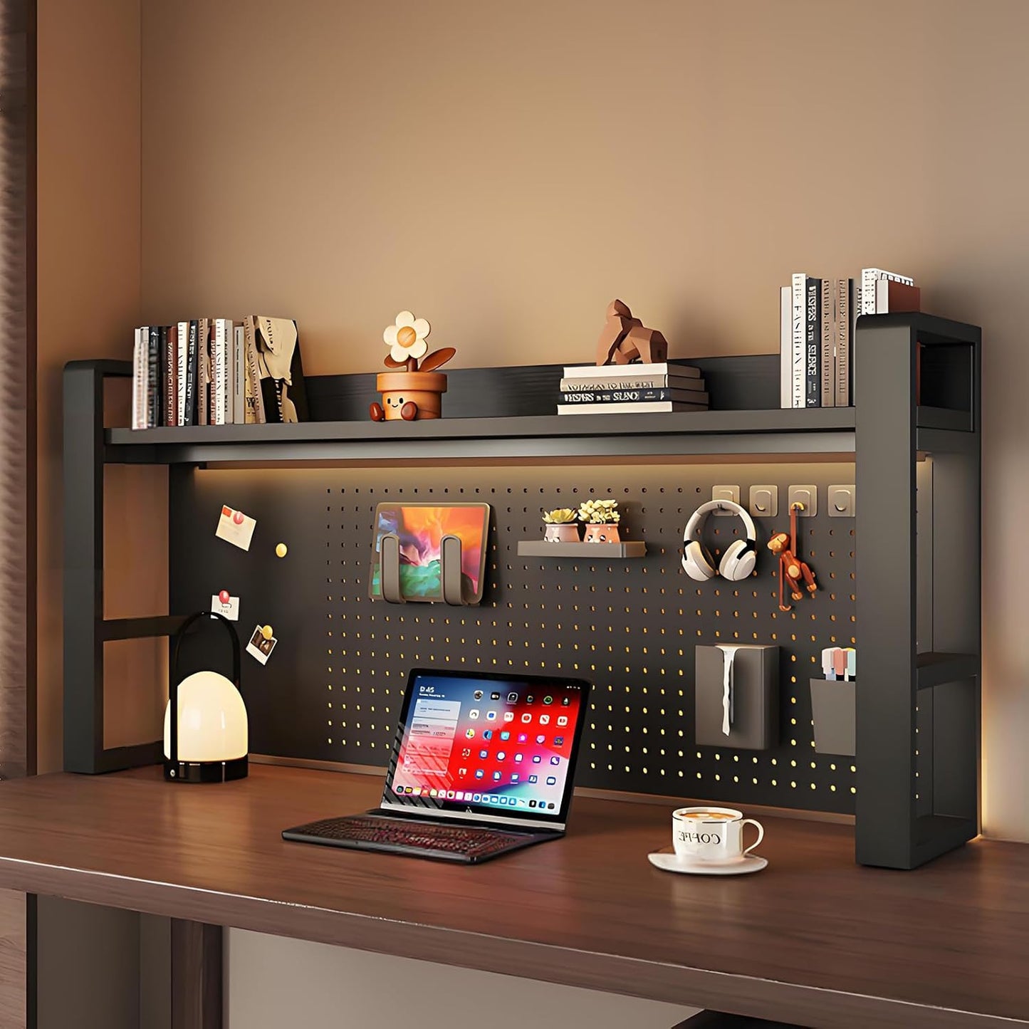 2/3 Tier Desk Hutch with Pegboard, Desk Shelf Organizer with Metal Frame, Space Saving Desktop Bookshelf, Desktop Shelf Organizer Display Rack for Study Table, Home, Of Black+Black 61×10×26"(2-Tiers)