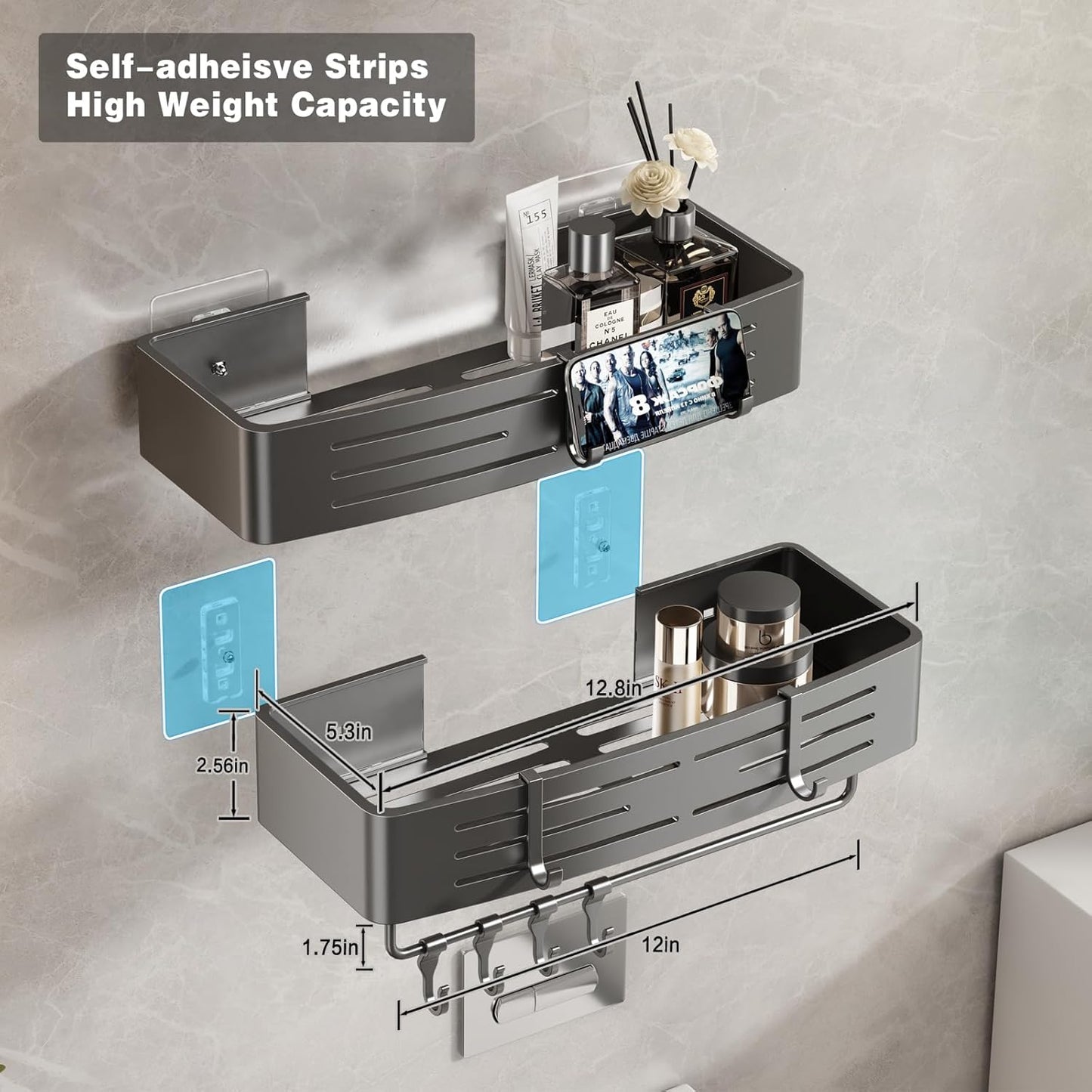 Voldra Adhesive Shower Caddy, 2 Pack Shower Shelves for Inside Shower No Drilling, Aluminum Stick On Showers Organizer with Towel Bar & Hooks Removable Bathroom Shelf Storage Rack(Gray)