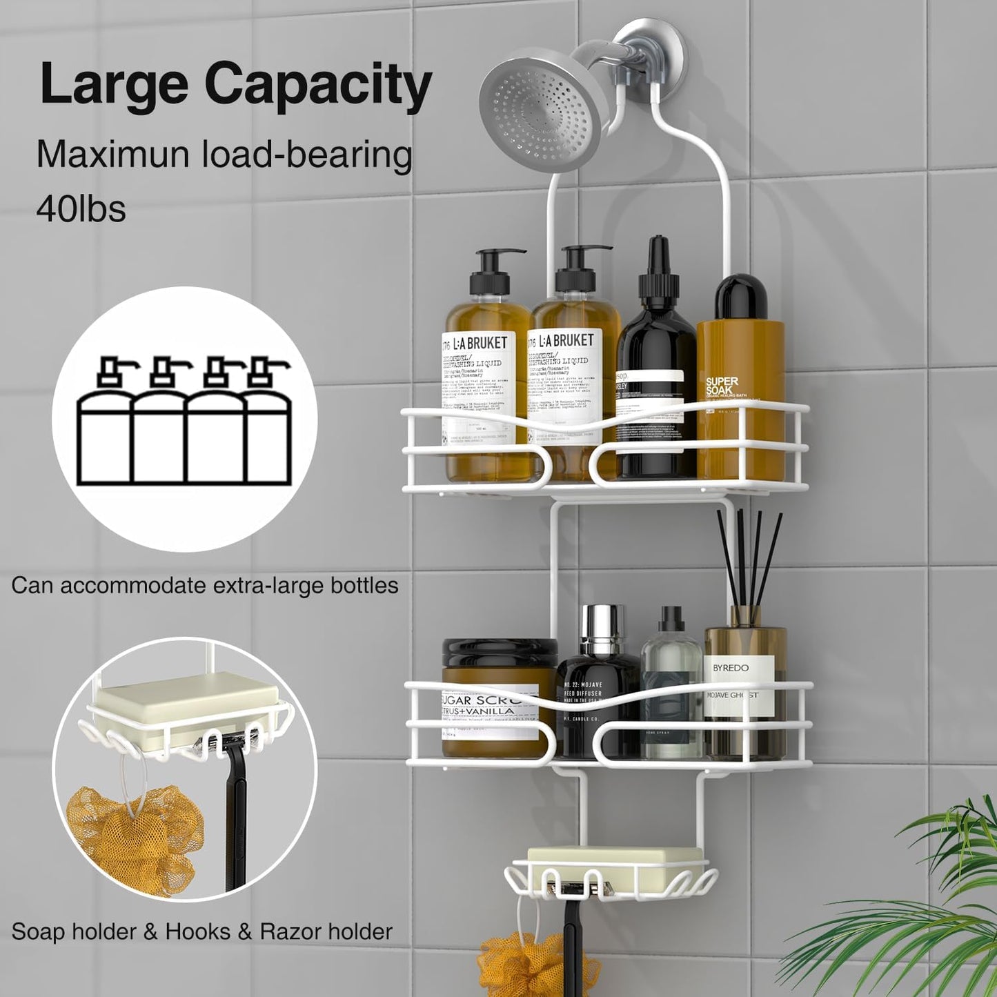 Over Head Shower Caddy - Bathroom Shower Organizer with Soap Holder & 6 Hooks for Towels, White, 76L Capacity, Hanging Mount, Rust Resistant