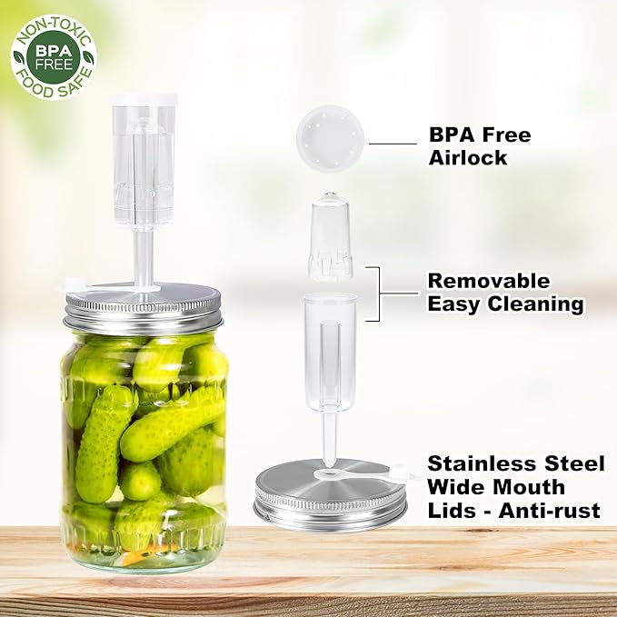 Fermentation Kit - 2 Upgraded Lids and 2 Glass Weights for 86MM Wide Mouth Mason Jars, Making and Storing Sauerkraut (Jars Not Included)