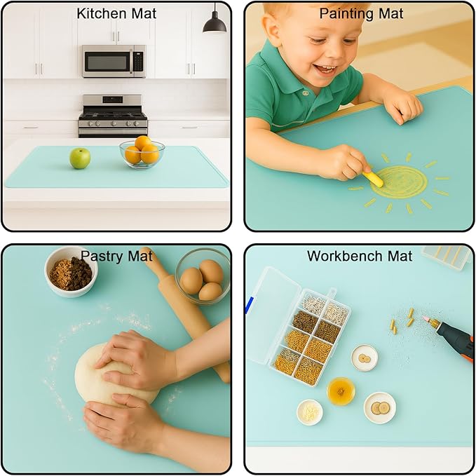 Silicone Mat 35.4"x23.6" Silicone Mats for Kitchen Counter Heat Resistant Mats for Countertop, Countertop Protector Mat, Edge Heightening Nonstick Waterproof Multipurpose Table Mat (Mint Green)