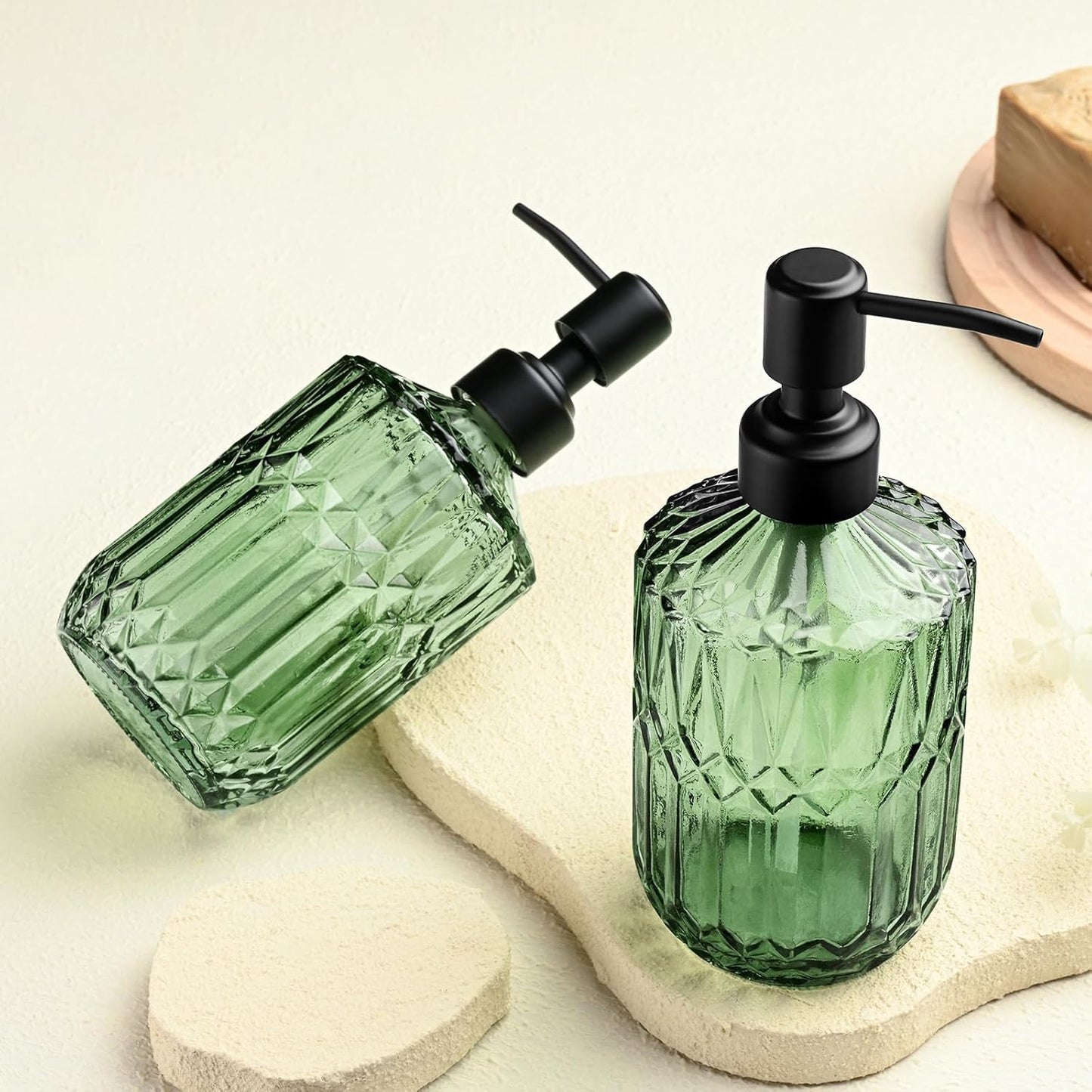 Green Glass Soap Dispenser with Black Rust Proof Pump Refillable for Kitchen Dish Soap Bathroom Hand Soap Lotion and Body Wash