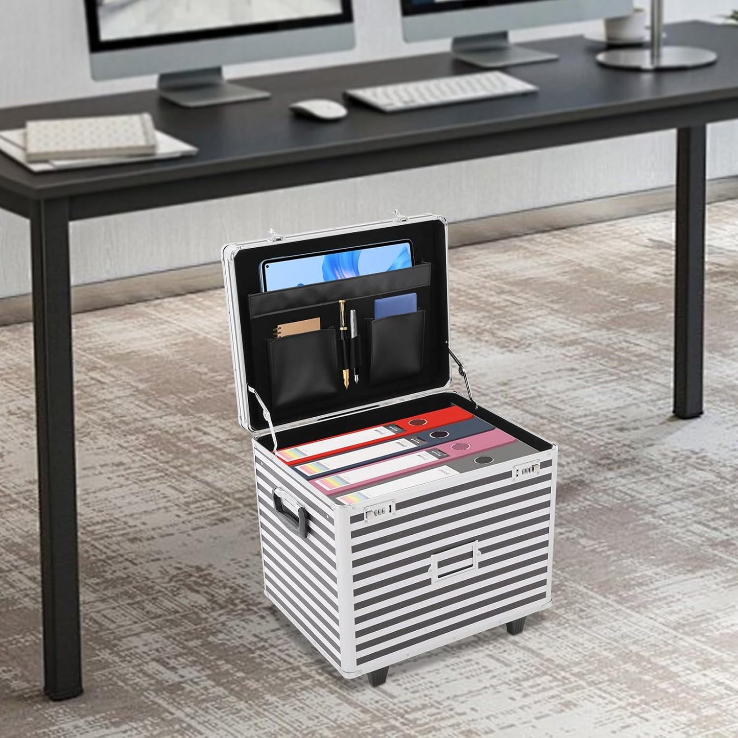 Rolling Cart for Teachers, Rolling File Cart with Hanging Folders, Portable File Box with Handle, Aluminum Alloy, Passcode Lock, Striped Pattern