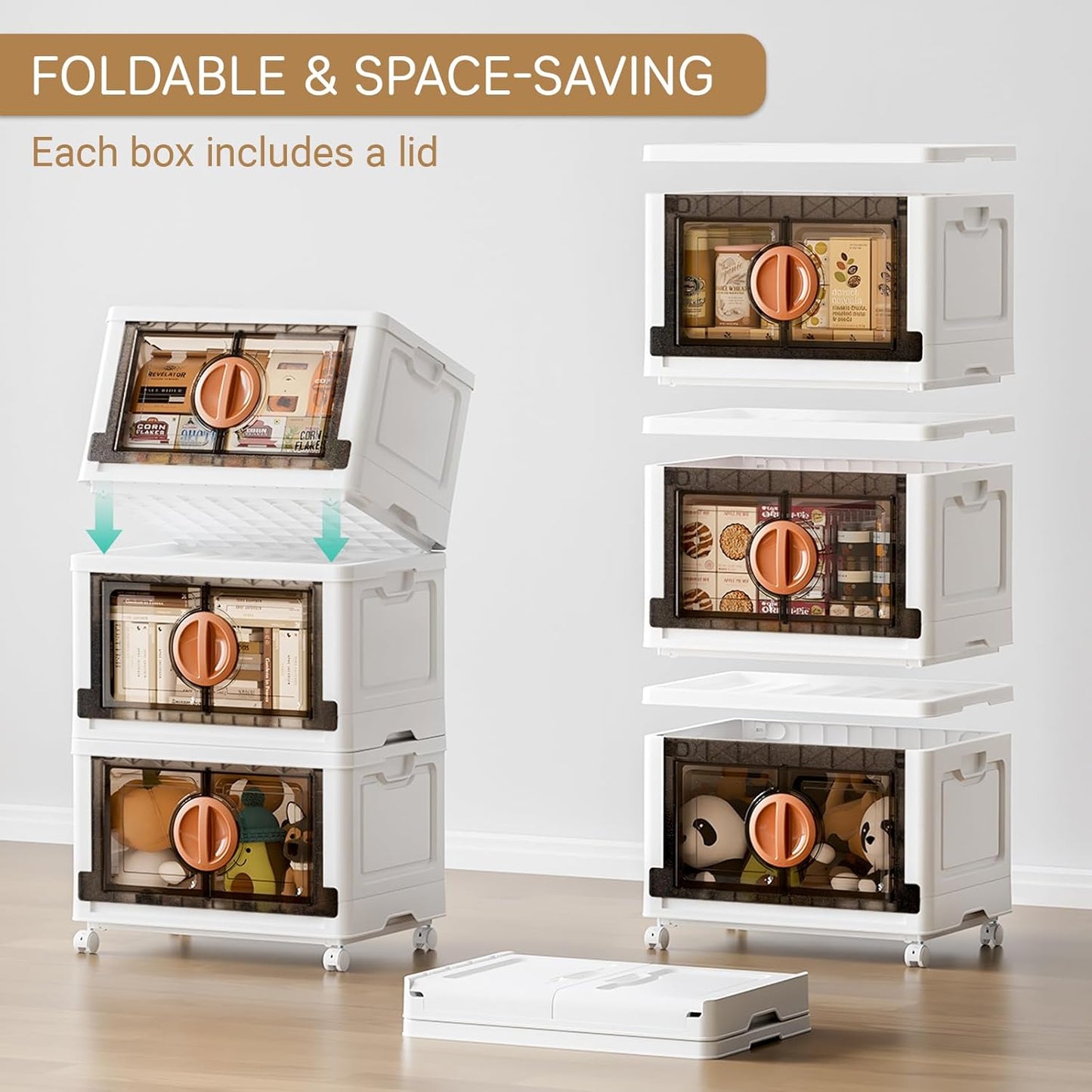 JEKO&JEKO 498Qt Lockable Stackable Storage Bins with Lids, Collapsible Closet Organizer with Wheels, Plastic Cabinet Drawer for Clothes 6 Pack (White)