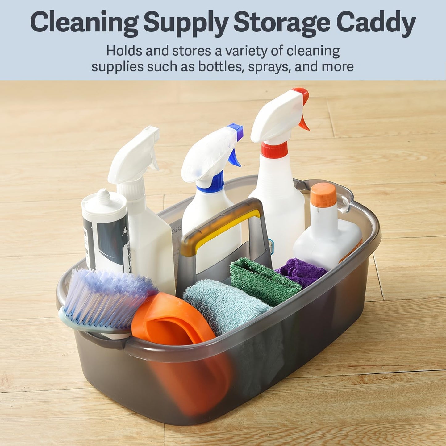 Large Cleaning Caddy with Handle, Cleaning Tool Storage Basket Organizer, Sturdy Pail Bucket Organizer, Household Bucket for Cleaning Supplies - Clear Grey