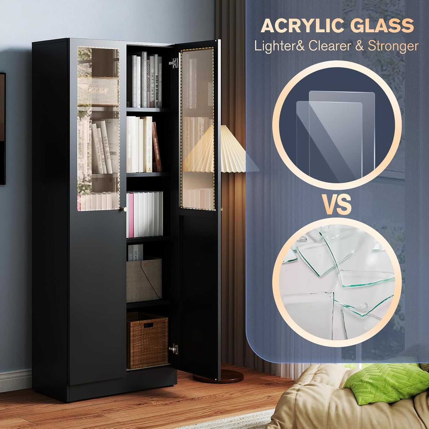 5 Tier Metal Curio Cabinets, Modern Bookshelf Cabinet with 4 Adjustable Shelves, Cabinet Display Case for Home Office, Living Room, Pantry (Black-27.5W-Metal Door)