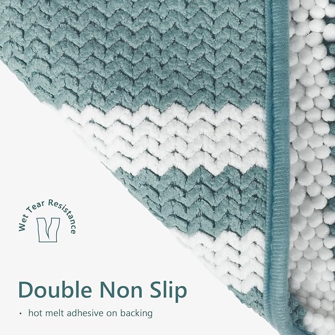 Tindbea Bathroom Rugs Set 2 Piece, Extra Soft and Absorbent Fluffy Striped Chenille Bath Mat Rug Set (Denim Blue, 20" x 32" Plus 16" x 24")