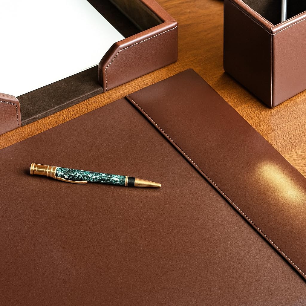 DACASSO 30 x 18, Brown Bonded Leather Desk Pad with Side Rails - Luxury Leather Desk Blotter for Writing