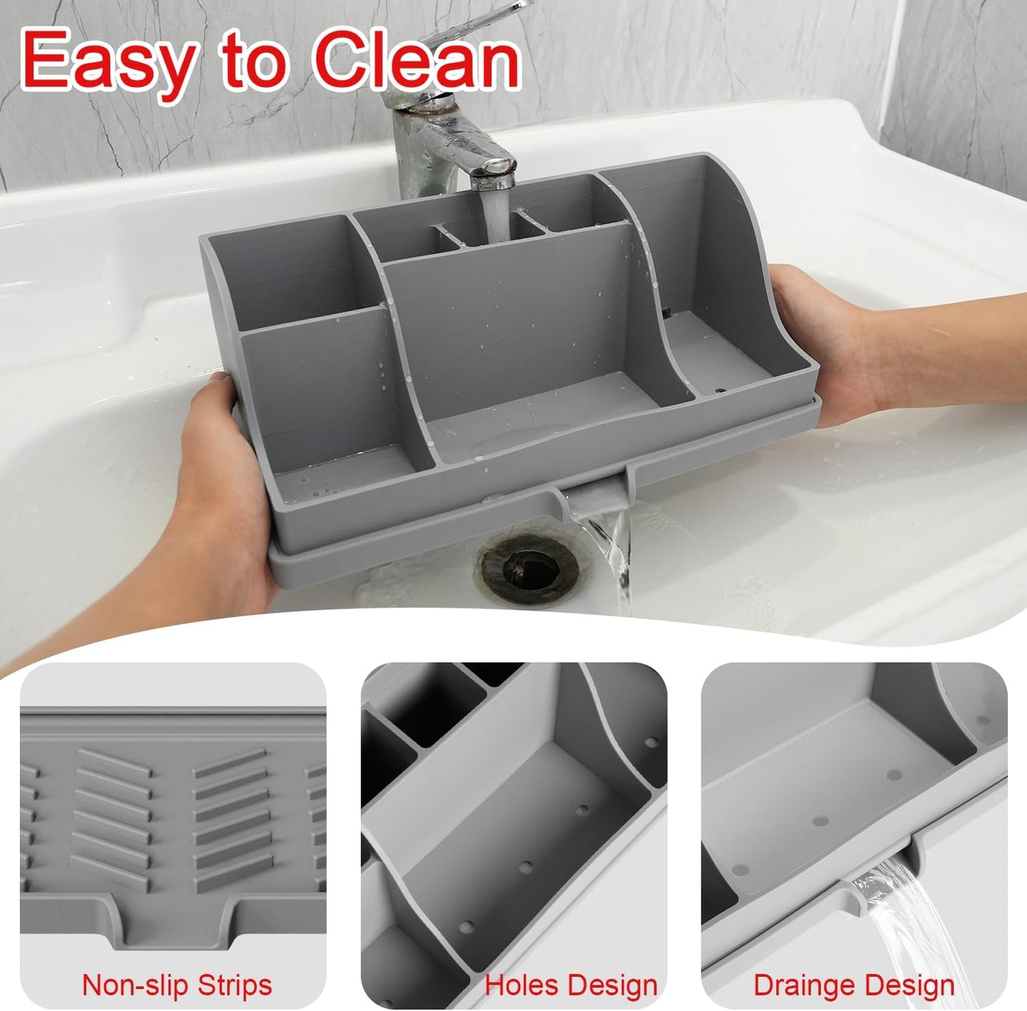 Large Silicone Bathroom Toothbrush Holder with Drainage, Electric Family Size Toothbrush Holder 7 Slots Countertop Toothpaste Holder Stand Organizer for Kids and Adult, Grey