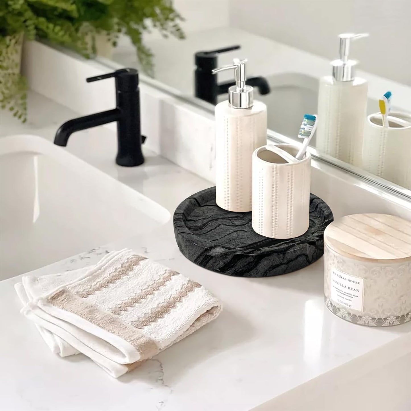 Travertine Tray, Small Ceramic Vanity Tray for Bathroom Counter Decor, Round Marble Decorative Trays for Coffee Table (Grey Black, Small Size)