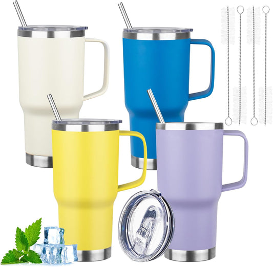 20oz Insulated Tumbler with Handle Stainless Steel Travel Coffee Mug with Lid and Straw Double Wall Vacuum Leak-proof Reusable Thermal Water Cup for Hot and Cold Drinks (Multicolor-6,4 Pack)