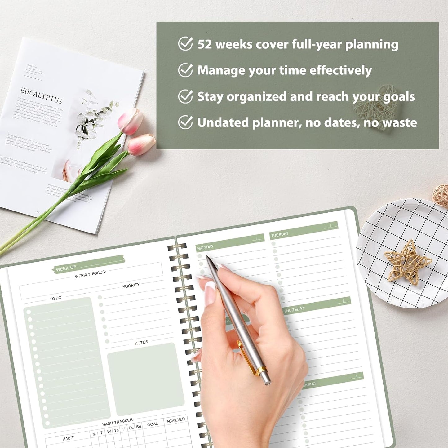 Undated Weekly Planner, Weekly To Do List Notebook with Goal, Organizer & Habit Tracker, A5 Daily Planner with Spiral Binding, Ideal for Office School Suppies - Green