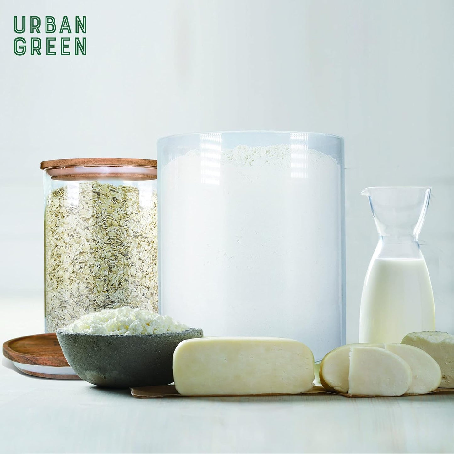 Urban Green Glass Jars with Airtight Lids, Airtight Glass Canisters set, Large Food Storage Containers with Wood Lids, 2 Pack of 100oz， Dry Food Pantry Jars, Flour Containers
