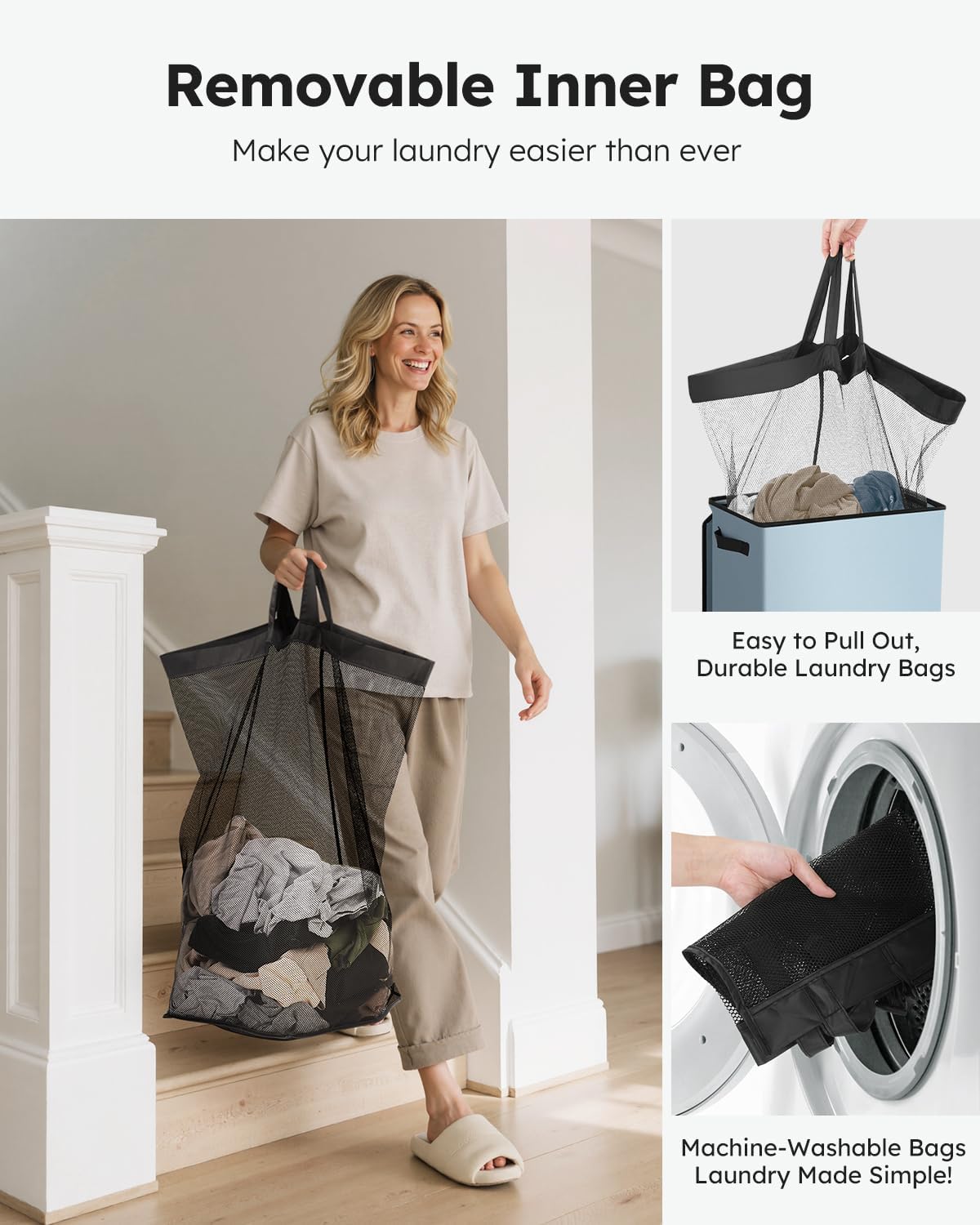 SOLEDI Laundry Hamper with Lid 90L Large & Tall Collapsible Laundry Basket, Clothes Hamper with Bag Removable Easy to Carry, Dirty Hampers for Bedroom, Bathroom, Dorm, College, Blue Grey