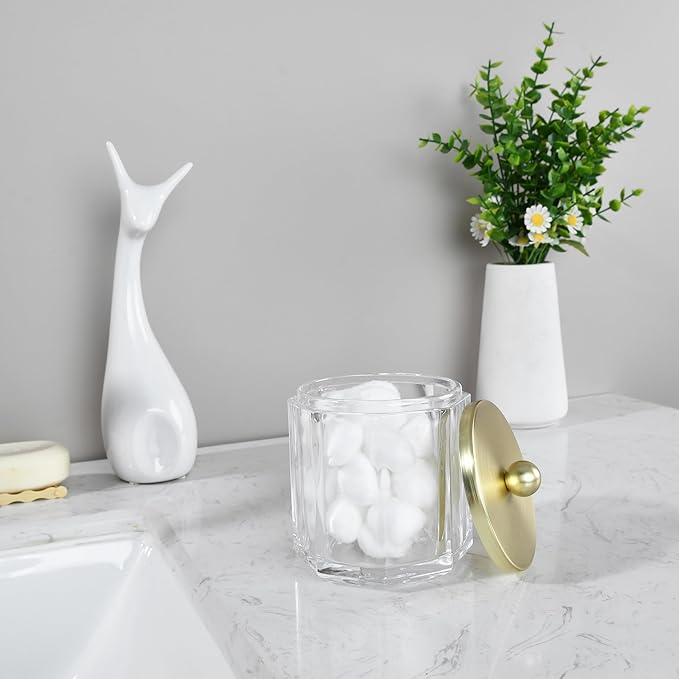 Clear Transparent Apothecary Octagional Shaped Glass Canister Jar With Gold Metal Lid Cover for Bathroom Organization, Cotton Balls, Q Tips, and Small Accessories, Bathroom Storage