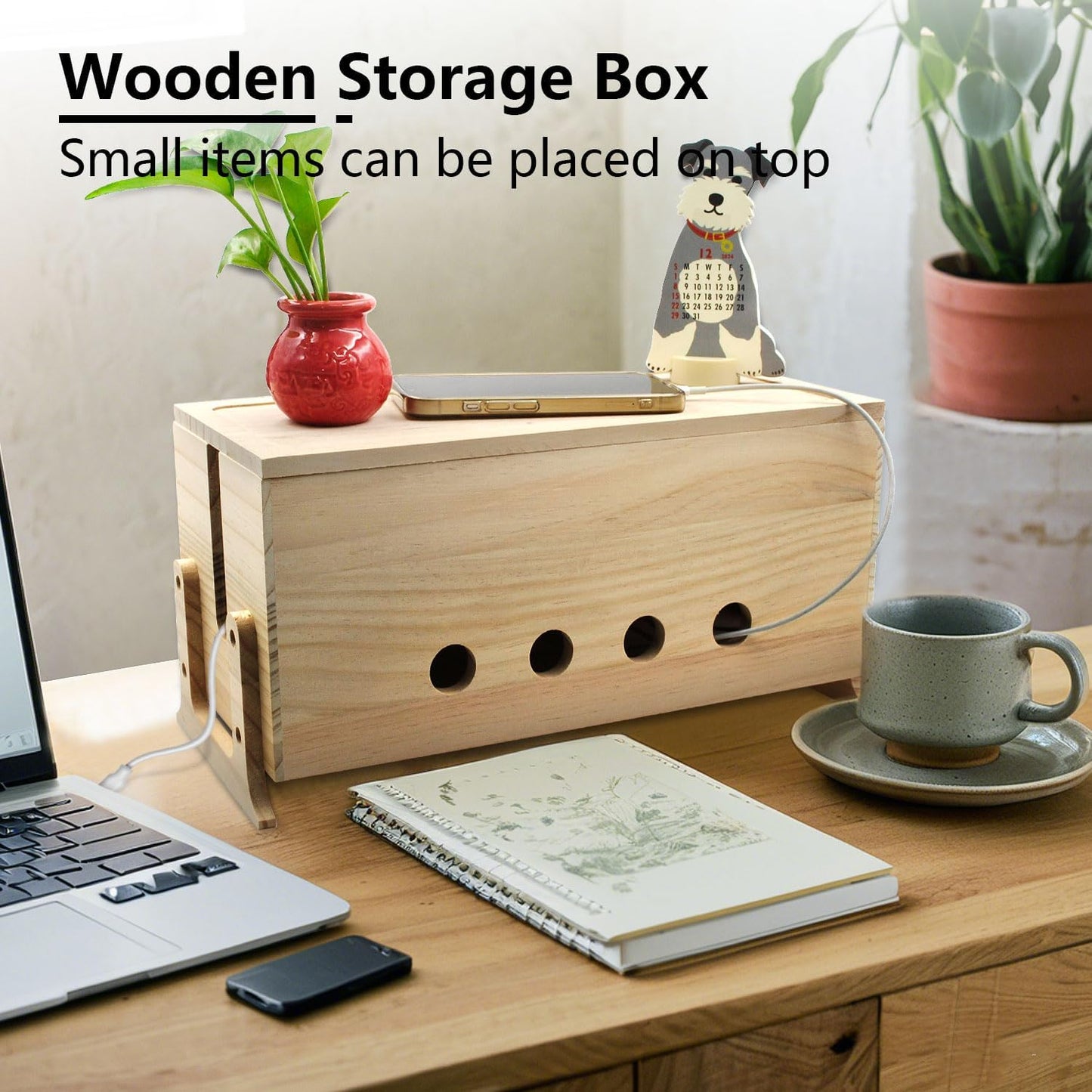 Large Cable Management Box, Wood Cord Hider Box & Organizer for Power Strip Hider Cable Storage for Office, TV Wires, Desk Cord Organizer, 14.2" x 6" x 6.3", Natural, Wood