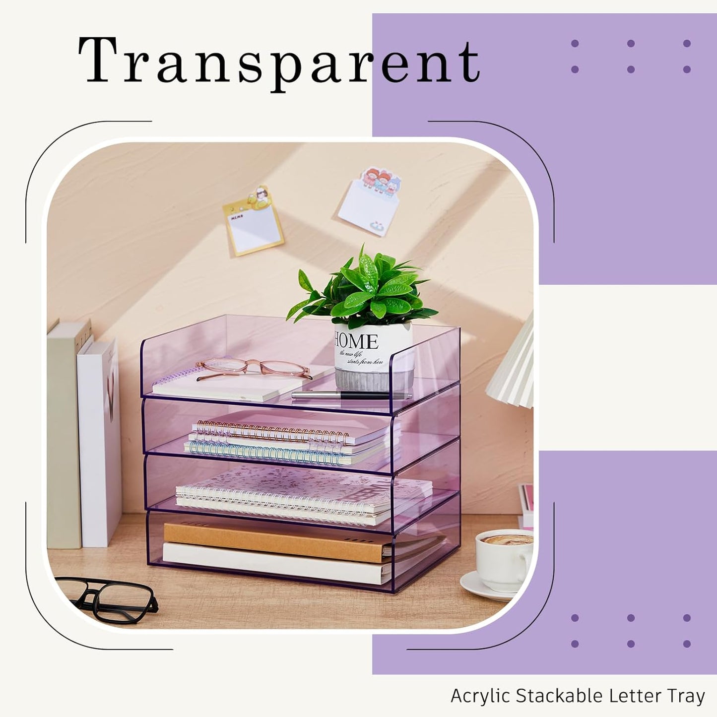 Harloon 4 Tier Acrylic Paper Tray 12.4 x 8.7 x 2.7 Inches Stackable Letter Clear Organizer No Need to Assemble Acrylic Paper File Organizer for Office Workspace Desktop Storage (Transparent Purple)
