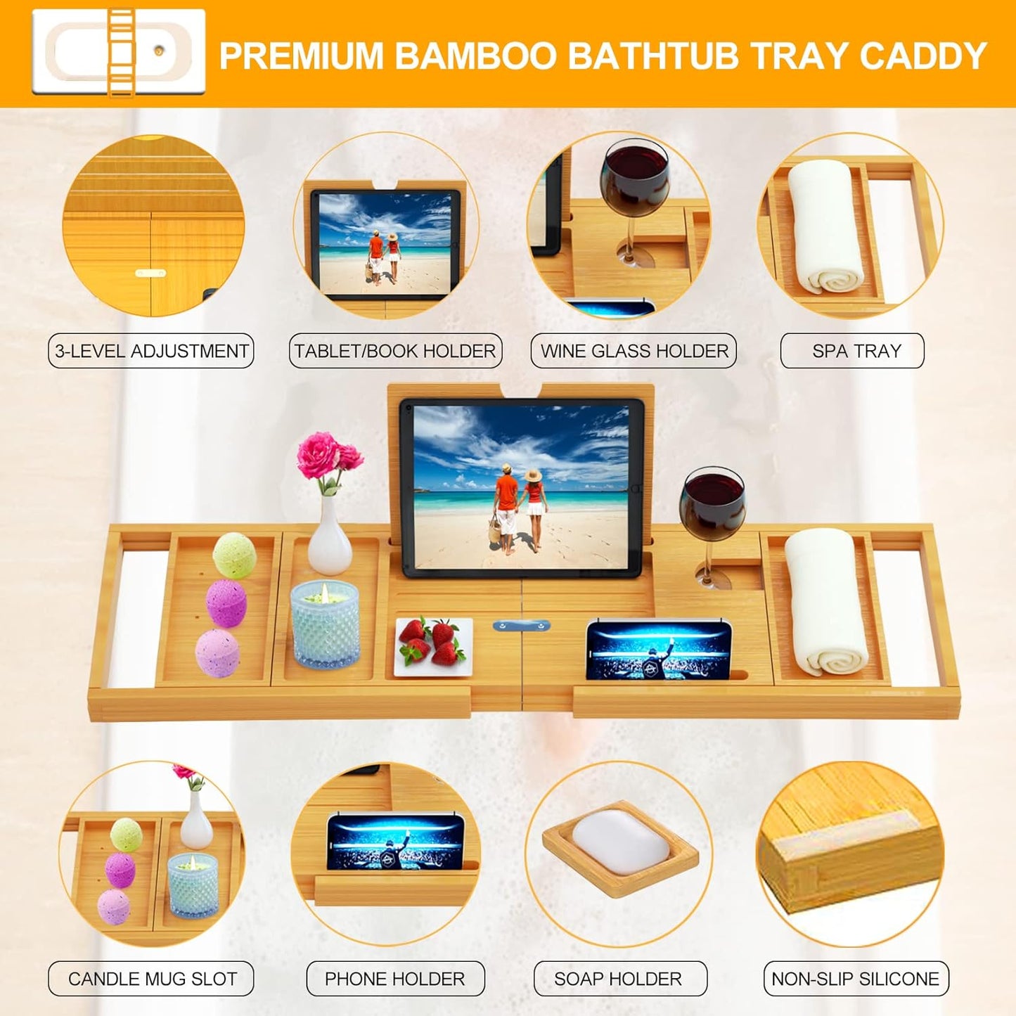 Premium Expandable Bamboo Bathtub Tray Caddy - Fits Most Bath Tubs
