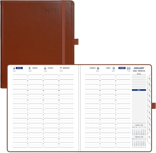 POPRUN 2026 Weekly Planner (Medium 7'' x 8.5''), 30-Minute Hourly Appointment Book (Jan 2026-Dec 2026) with Monthly Tabs, Inner Pockets, Pen Holder, PU Leather Softcover, 100GSM - Brown