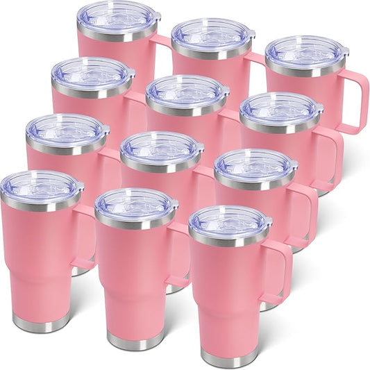 20 oz Tumbler with Handle and Lid, Stainless Steel Tumbler Insulated Travel Coffee Mug, Spill Proof Double Wall Vacuum Tumbler Cup Keep Drink Hot & Cold, Pink, 12 Pack