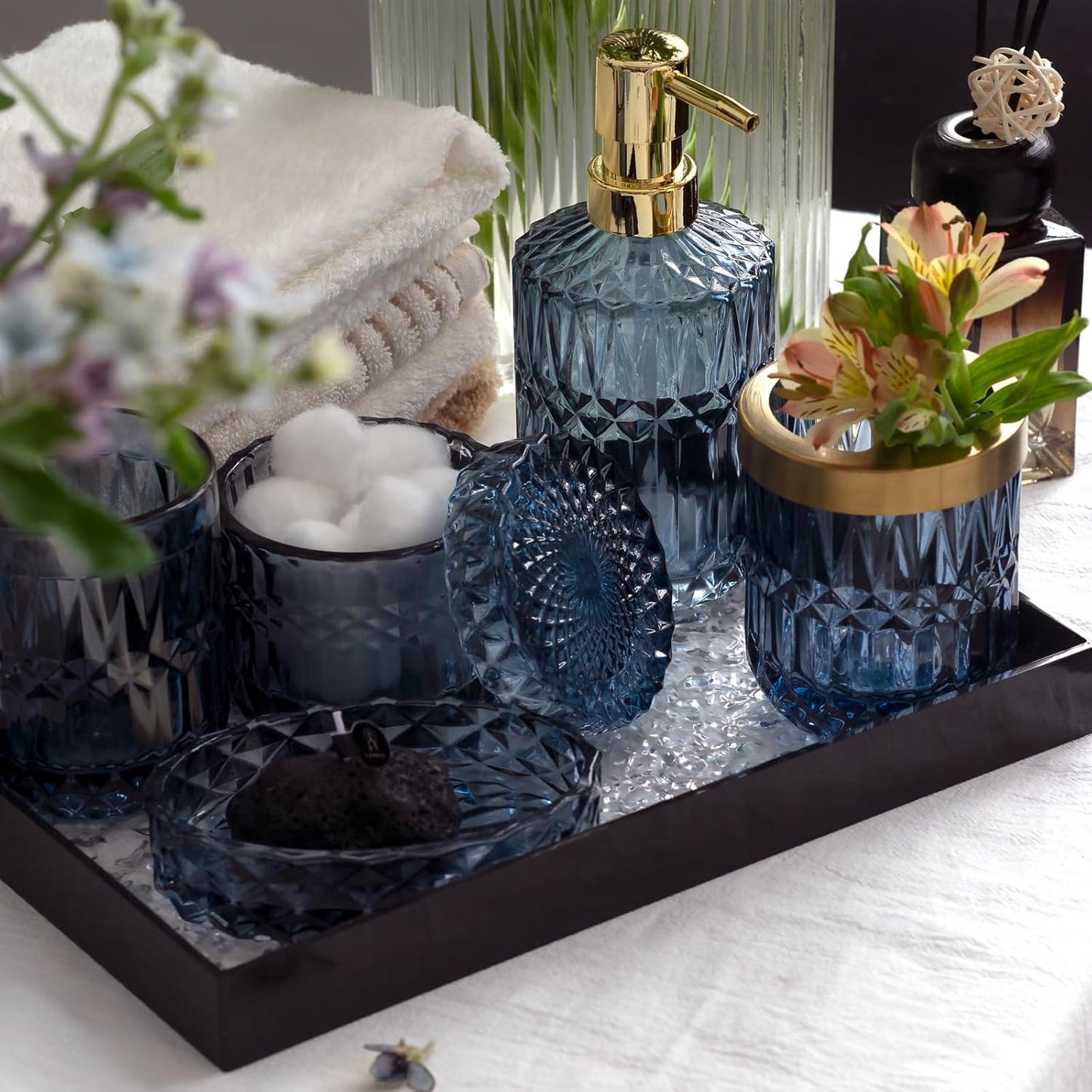 EMPO 6PCS Bathroom Clear Glass Accessories Set (Lotion Soap Dispenser, Soap Dish, Toothbrush Holder, Tumbler, Cotton Swab Jar), Contemporary Modern Decor Crystal Vintage Gift (6pcs Blue)