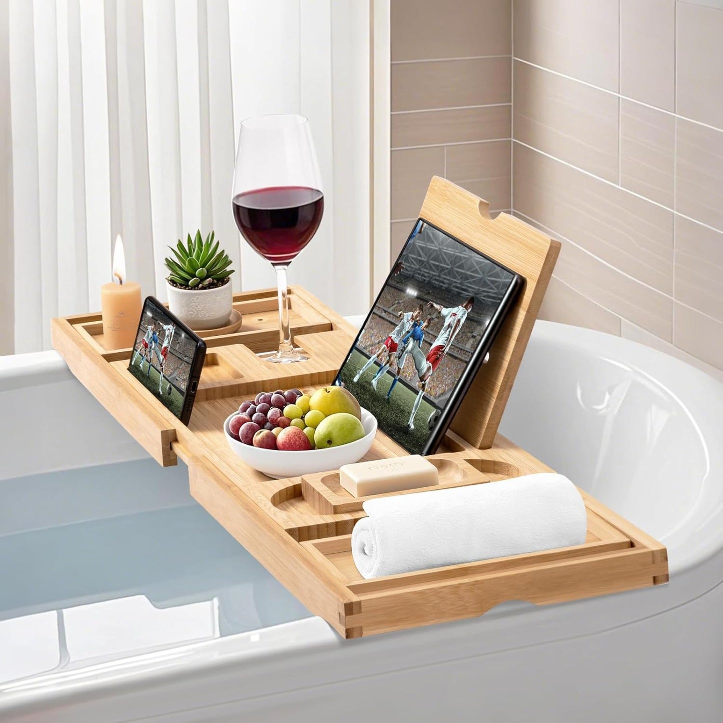 AUTODECO Bathtub Tray, Bamboo Bath Tray for Tub, Expandable Bath Tray with Bamboo Book Stand, Soap Tray, Bathtub & Bathroom Accessories Perfect for Home Spa, Natural Colour