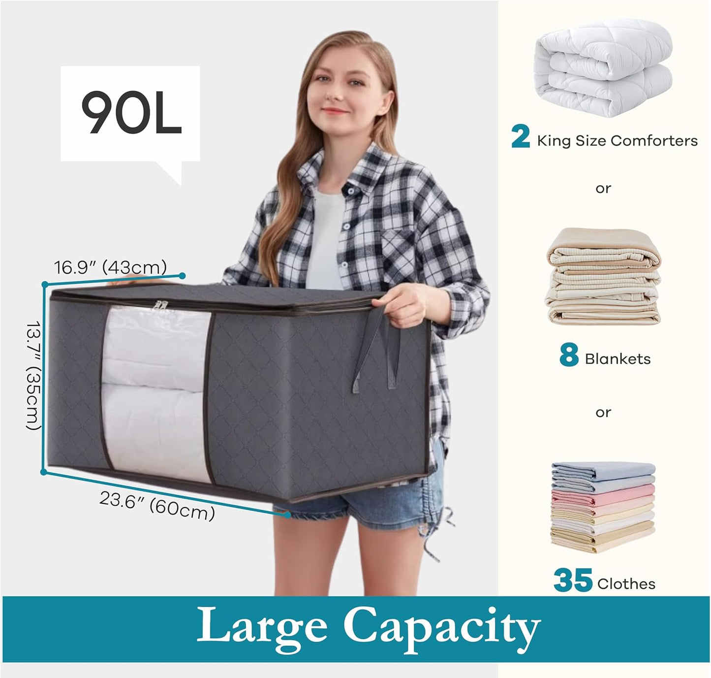 90L Large Storage Bags for Clothes,Blanket and Comforter, 6 Pack Foldable Clothes Storage Bins for Closet Organizer, Storage Containers with Handle