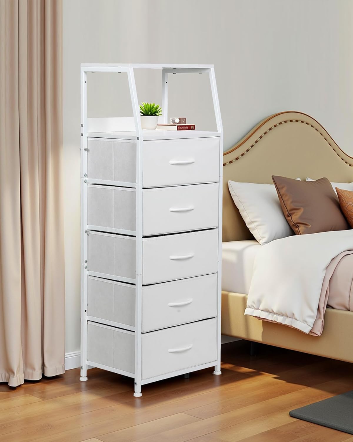 Dresser for Bedroom, Fabric Nightstand Tall Dresser & Chests of Drawers with 5 Drawers, Vertical Organizer Storag, Hallway, Entryway White