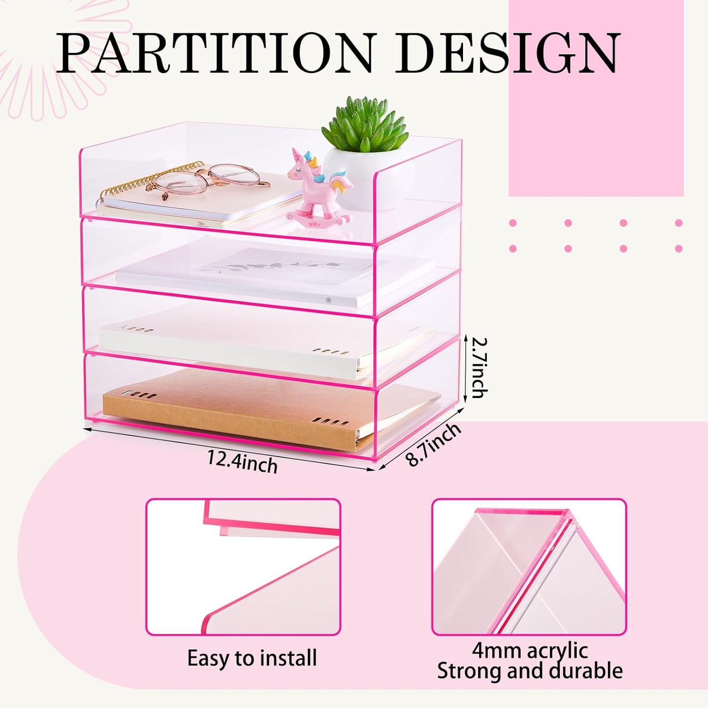 Harloon 4 Tier Acrylic Paper Tray Paper Organizer for Desk Clear File Organizer 12. 4 x 8. 7 x 2. 7 Inches File Tray for Office Workspace Desktop Storage, No Need to Assemble (Transparent Pink)
