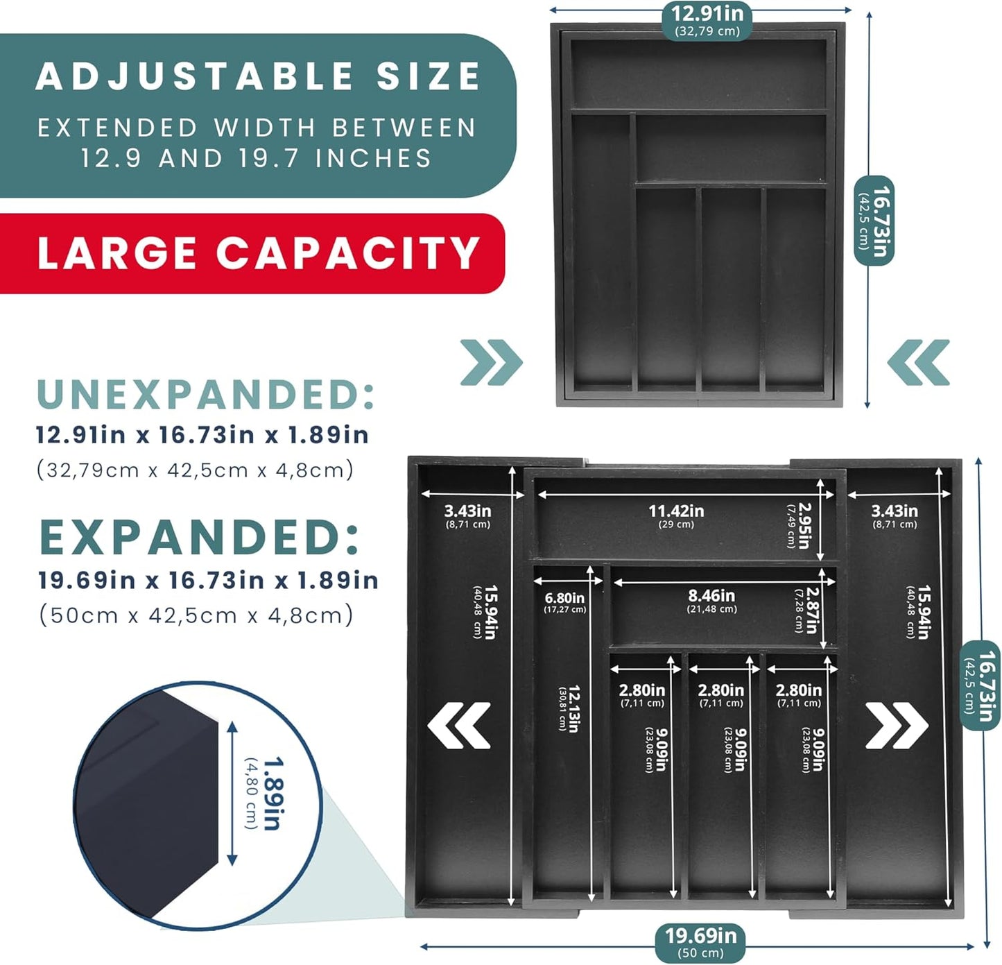 Sben Expandable Drawer Organizer for Utensils Holder, Adjustable Cutlery Tray, Wood Drawer Dividers Organizer for Silverware, Flatware, Knives for Kitchen (Black)