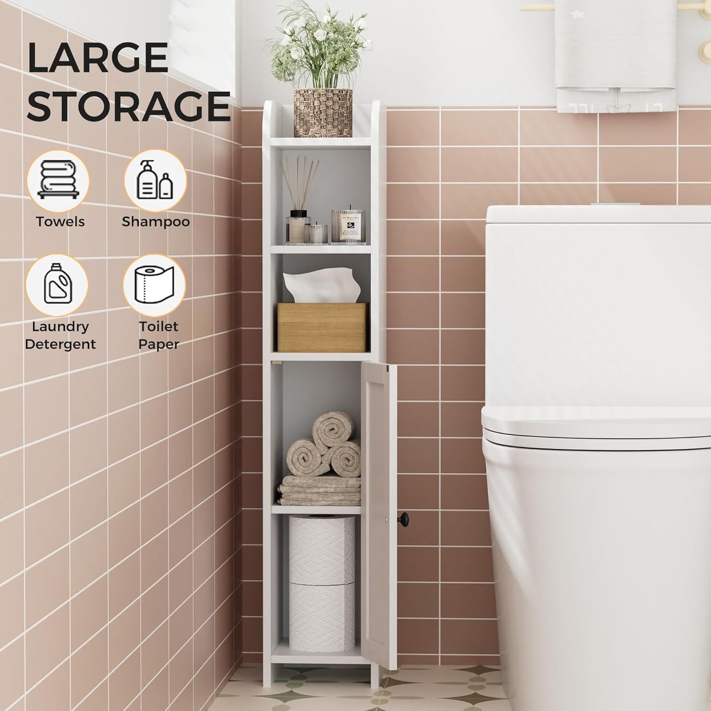 Homhedy Small Bathroom Storage Corner Floor Cabinet with Door and Shelves, Beside The Toilet Paper Stand for Skinny, Narrow Toilet Paper Cabinet, 7.9" D x 7.1" W x 35.4" H, White