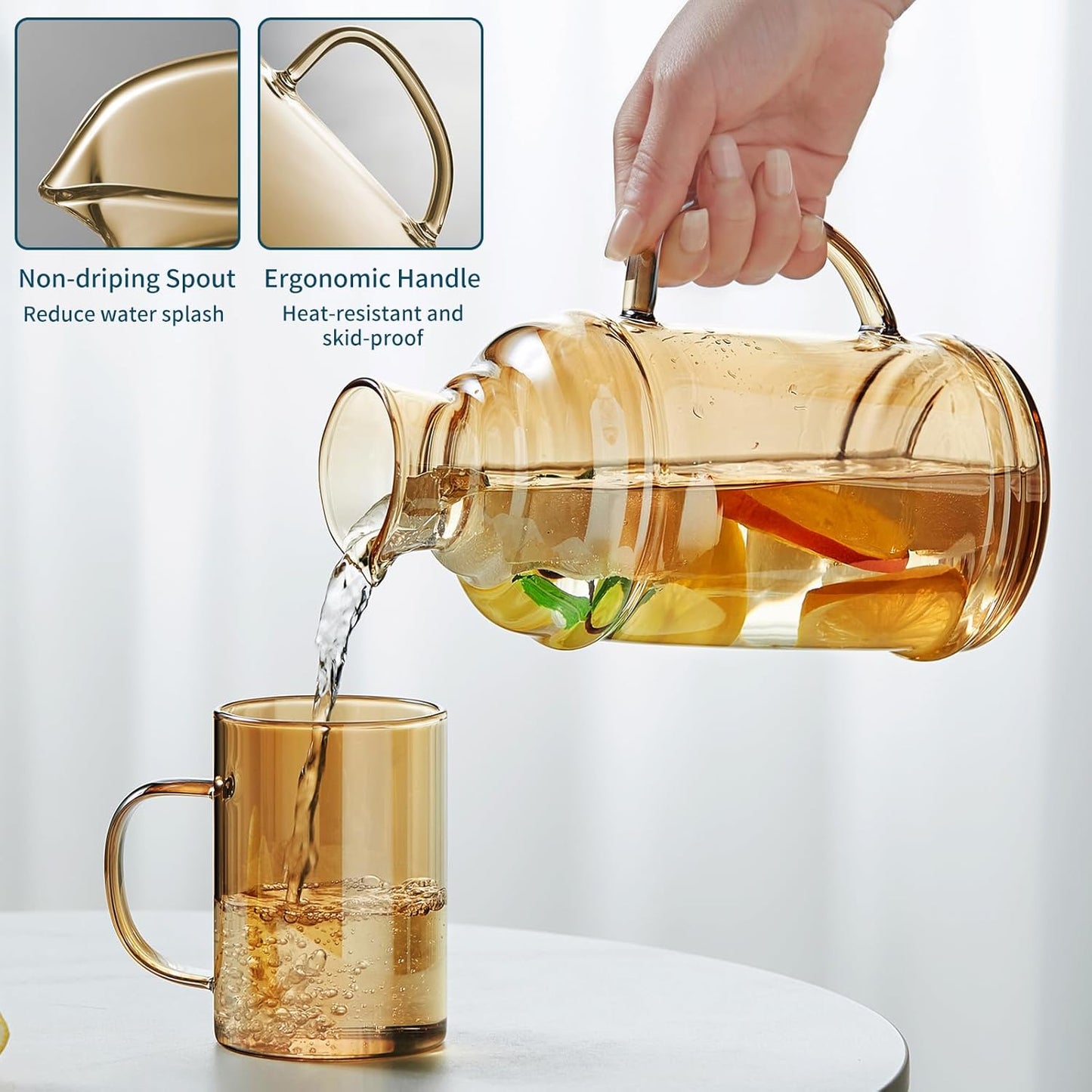 68OZ Glass Pitcher with Lid and Spout, Water Jug, 2000ml Carafe for Hot/Cold Water, Large Iced Tea Pitcher for Coffee, Juice and Homemade Beverage, Champagne