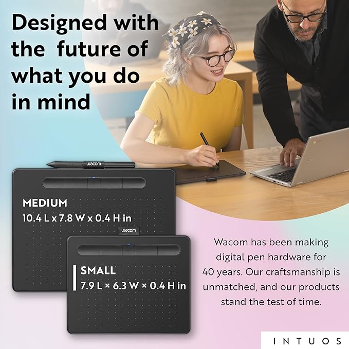 Wacom Intuos Small Bluetooth Graphics Drawing Tablet, 4 Customizable ExpressKeys, Portable for Teachers, Students and Creators, Compatible with Chromebook Mac OS Android and Windows - Black