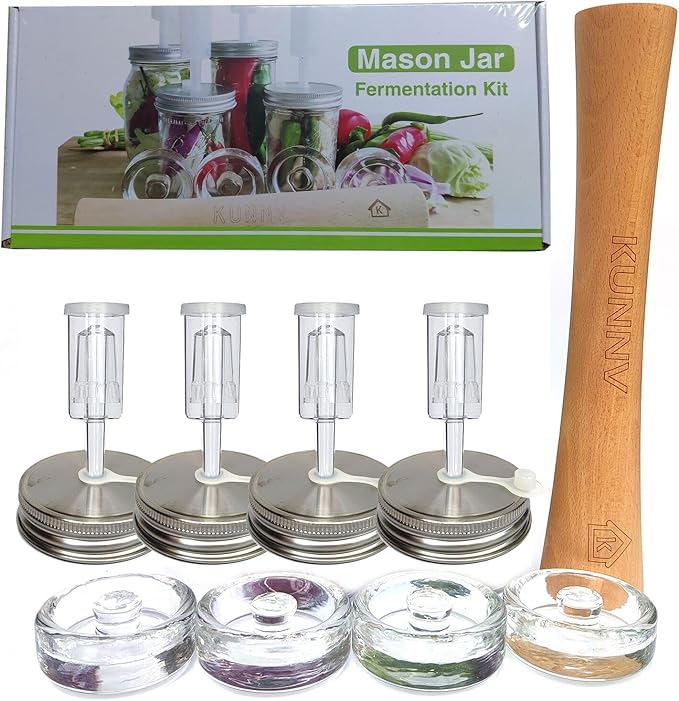 Complete Mason Jar Fermentation Kit - Sauerkraut Pounder + 4pc Glass Weights + 4pc water airlocks Easy Wide Mouth Jars Vegetable Fermenting Set -Suitable for 86MM mason jar (Jars Not Included)