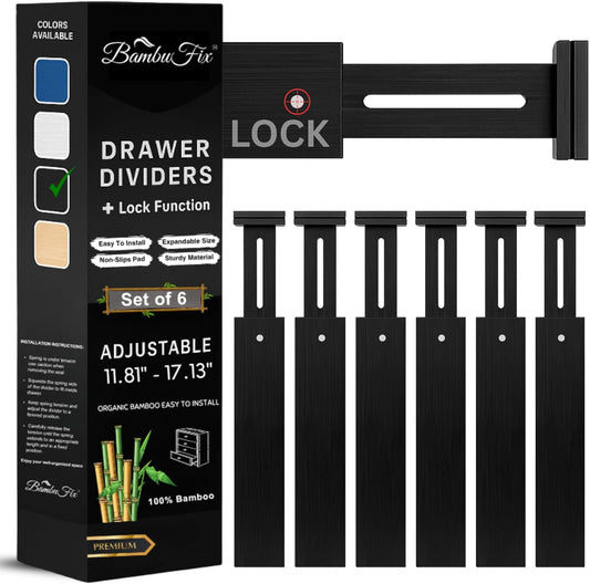 6-Pack Adjustable Bamboo Drawer Dividers, Expandable to 11.8-17.1 in with Center Lock & Non-Slip Pads, Spring-Loaded Kitchen Drawer Divider Organizer for Dresser, Bathroom, and Office