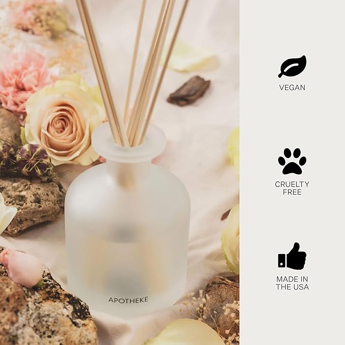 Apotheke Luxury Scented Reed Diffuser for Home, Santal Rock Rose - 6.7 Fl Oz Essential Oil Aromatherapy - 10 Rattan Scent Sticks Room Diffuser - Long-Lasting Fragrance for Bedroom, Home, Bathroom