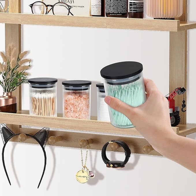 4 Pack Glass Qtip Holder Dispenser Set - Apothecary Jars with Lids for Vanity Makeup Organizer - Bathroom Canister Storage Organizer for Cotton Ball, Swab, Round Pads,Floss