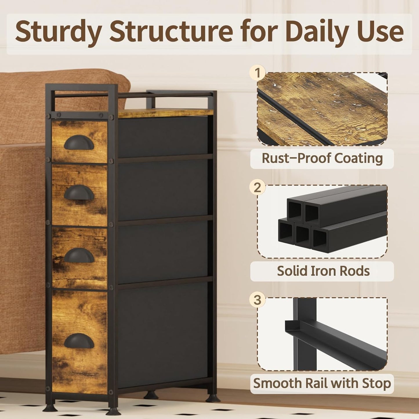 LASZOLA 4 Drawer Narrow Dresser Slim Cabinet Skinny Storage Tower Chest, Ideal for Small Spaces Bathroom Bedroom, Between Washer and Dryer, Lightweight Mobile on Wheels, Sturdy Fabric Drawers, Brown