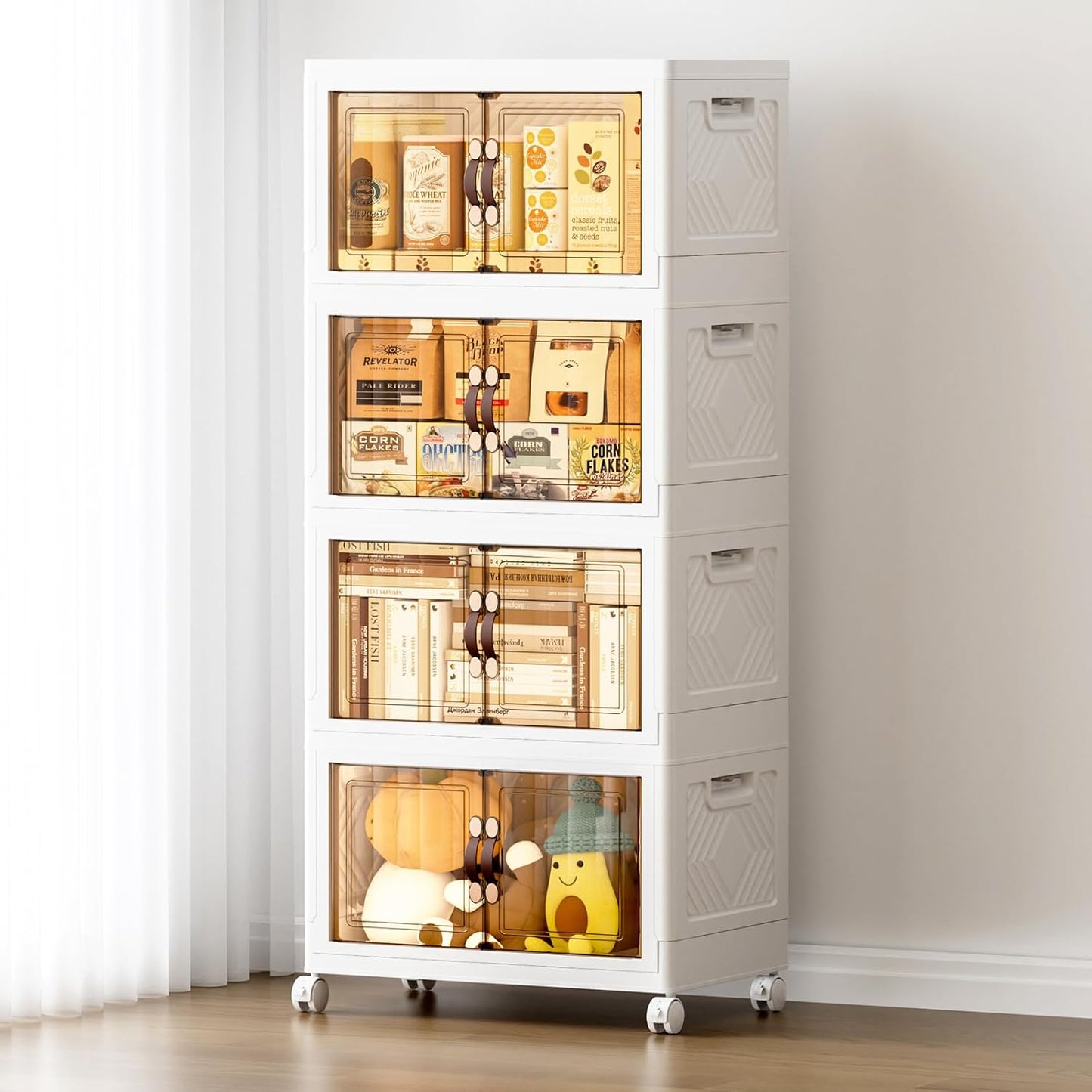 JEKO&JEKO 247Qt Stackable Storage Bins with Lids and Wheels, Foldable Collapsible Plastic Boxes for Clothes, Home, White, 4 Pack