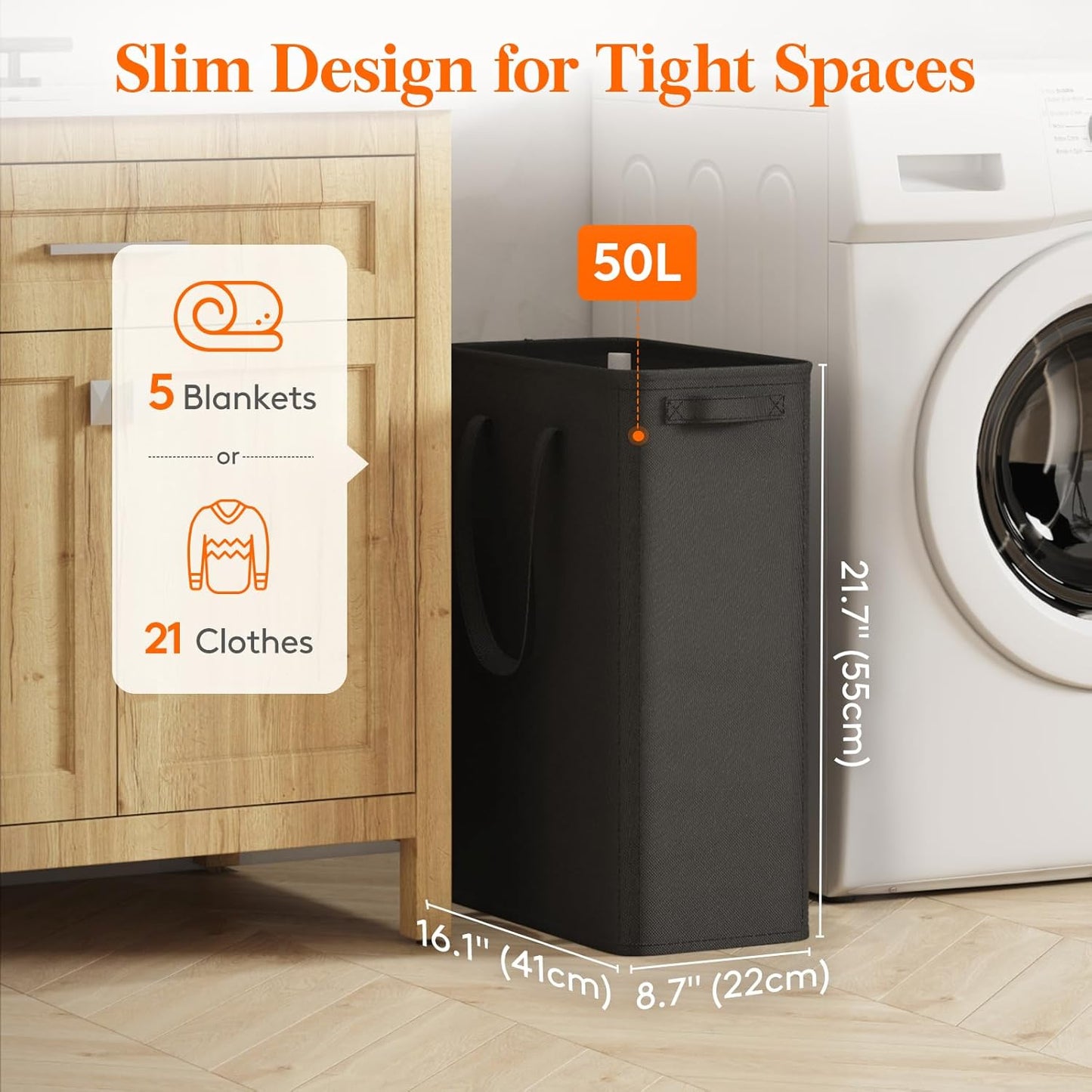 Lifewit 2 Pack Slim Laundry Hamper, Collapsible Narrow Laundry Basket, Small Tall Dirty Clothes Hampers with Handles for Bathroom Bedroom College Dorm, Black, 50L