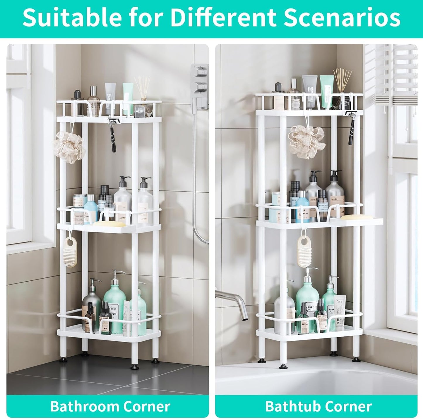 HapiRm Standing Corner Shower Caddy - 3 Tier Corner Shower Organizer with Soap Holder, Rustproof Stainless Steel Bathroom Shelf with 4 Hooks, White